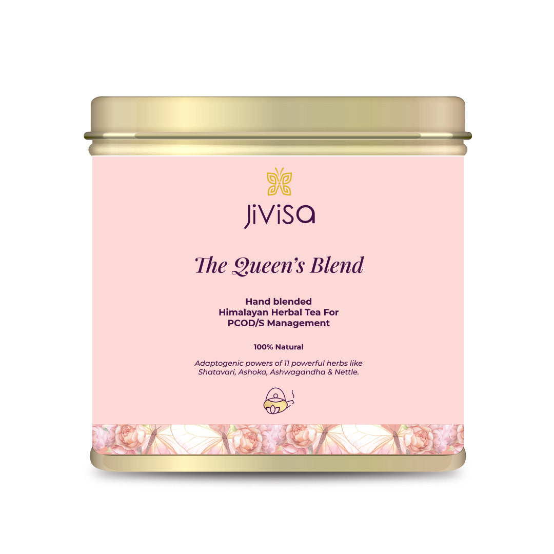 Tin container of JiViSa- The Queen's Blend Hand blended Himalayan Herbal Tea for PCOS/PCOD Management 100% natural
