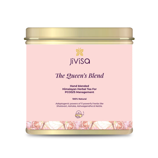 Tin container of JiViSa- The Queen's Blend Hand blended Himalayan Herbal Tea for PCOS/PCOD Management 100% natural