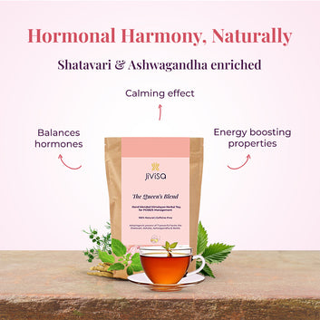 JiViSa- The Queen's Blend Himalayan herbal tea for PCOD/PCOS Management placed behind a glass cup of herbal tea surrounded by fresh herbs. Tagline reads: "Hormonal Harmony, Naturally" accompanied with the title Shatavari & Ashwagandha enriched. The image highlighted three benefits with arrows: Balances hormones, Calming effect, and Energy boosted properties.