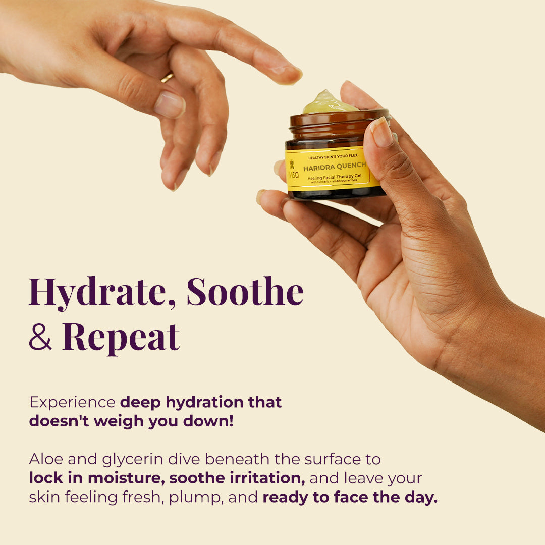 Hands holding JiViSa Haridra Quench gel with text about deep hydration and soothing irritation.