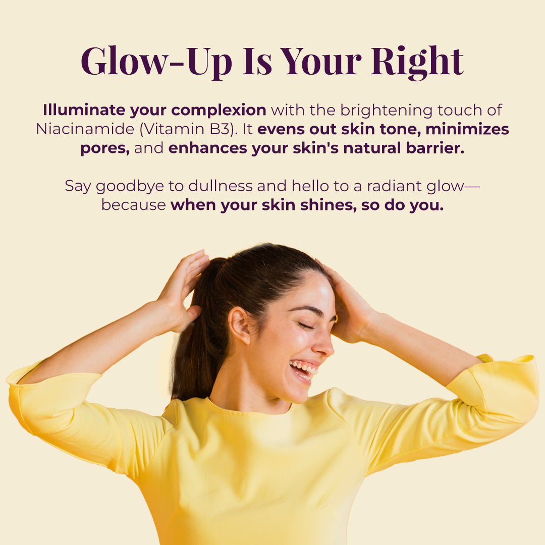 Image features a smiling woman, hands touching her head, reinforcing the positive effects of JiViSa Haridra Quench Facial Therapy Gel. The main headline, &quot;Glow-Up Is Your Right&quot;. The text explains that the product helps to Illuminate your complexion with the brightening touch of Niacinamide (Vitamin B3). It evens out skin tone, minimizes pores, and enhances your skin&