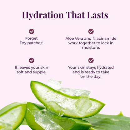 Image emphasizes the long-lasting hydration benefits of JiViSa Kesara Quench therapy gel, under the headline &quot;Hydration That Lasts.&quot; It lists four key advantages, each marked with a checkmark: Forget Dry patches, Aloe Vera and Niacinamide work together to lock in moisture, it leaves your skin soft and supple, and Your skin stays hydrated and is ready to take on the day. The bottom portion of the image features a close-up of fresh aloe vera leaves and gel cubes.