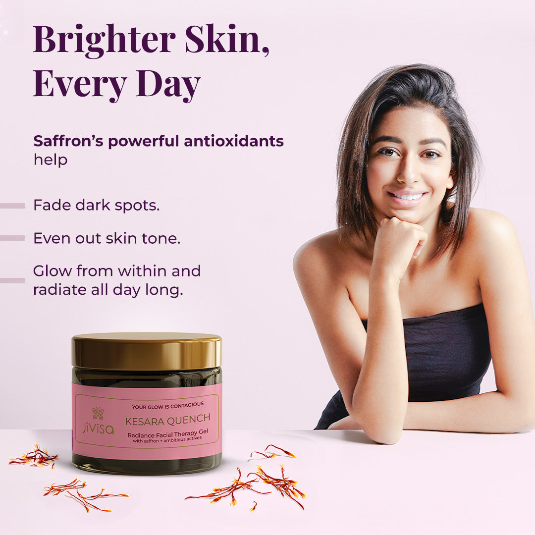 Image features JiViSa Kesara Quench Radiance Facial Therapy Gel Jar surrounded by loose saffron threads, emphasizing the natural key ingredient. A smiling woman, with clear, radiant skin is featured on the right, supporting the headline &quot;Brighter Skin, Every Day.&quot; The text explains that Saffron&