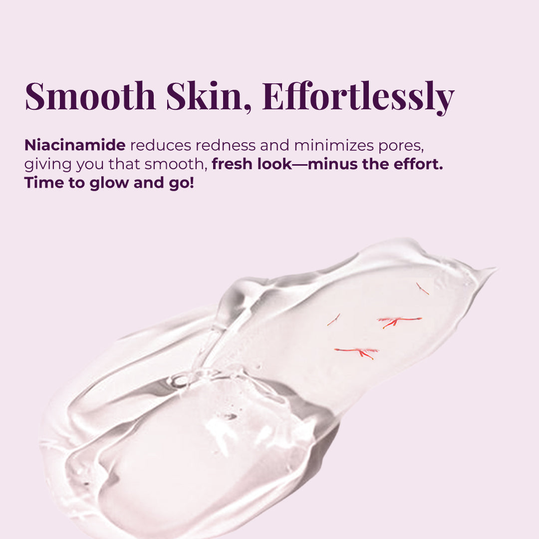 Image focuses on achieving &quot;Smooth Skin, Effortlessly&quot; through the power of Niacinamide. The text explains that &quot;Niacinamide reduces redness and minimizes pores, giving you that smooth, fresh look—minus the effort. Time to glow and go!&quot; A swirling texture of a light JiViSa Kesara Quench Gel with saffron threads is shown at the bottom, visually representing the formula&