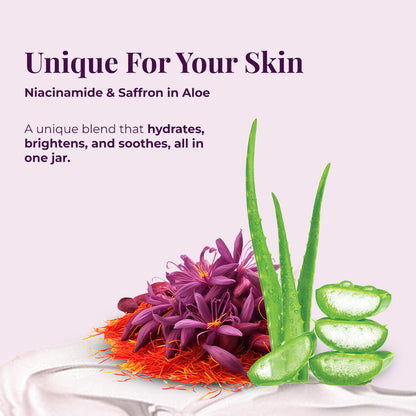 Image features saffron flowers and strands, alongside fresh aloe vera stalks and sliced pieces represent a unique skincare blend JiViSa Kesara Quench Therapy Gel titled &quot;Unique for Your Skin,&quot; specifying its composition as &quot;Niacinamide &amp; Saffron in Aloe.&quot; The text highlights that this is a unique blend that hydrates, brightens, and soothes, all in one jar.