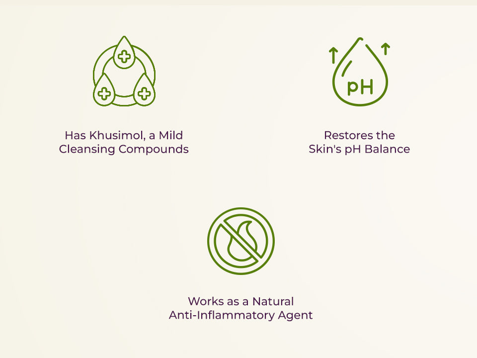 Icons showing mild cleansing compounds, pH balance restoration, and anti-inflammatory benefits.