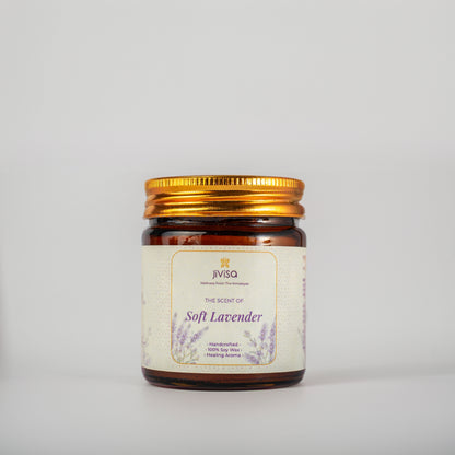 JiViSa Soft Lavender Handcrafted Soy Wax Candle 90gm in an amber glass jar with a Golden tin and white label.  The label reads: &quot;JiViSa Wellness From The Himalayas, THE SCENT OF Soft Lavender, Handcrafted 100% Soy Wax Candle, Healing Aroma&quot;.
