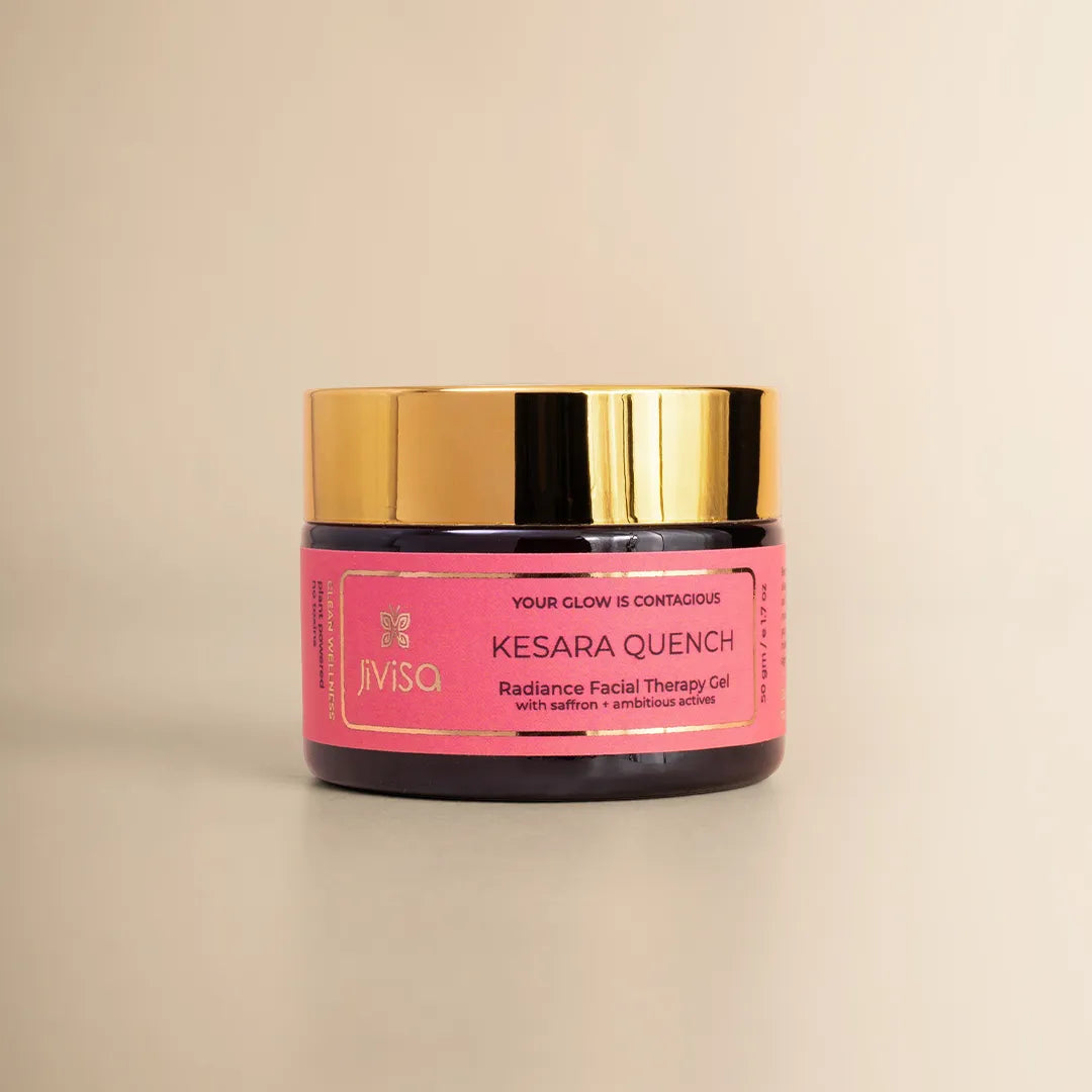 JiViSa Kesara Quench Radiance Facial Therapy Gel 50gm Jar with saffron and niacinamide face cream for hyperpigmentation and glow.