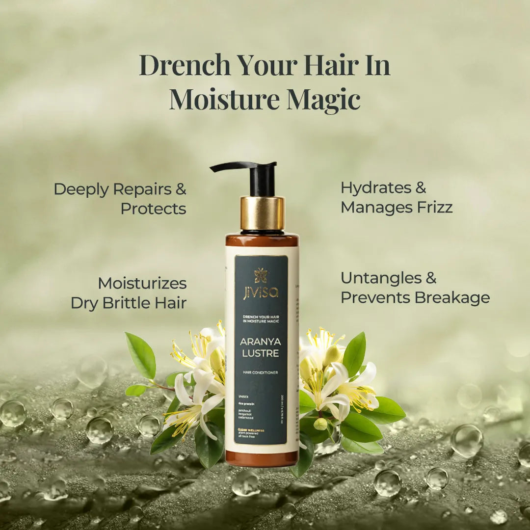 Aranya Lustre hair conditioner bottle highlighting moisture, repair and frizz control benefits.