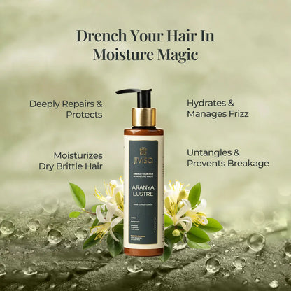 Aranya Lustre hair conditioner bottle highlighting moisture, repair and frizz control benefits.