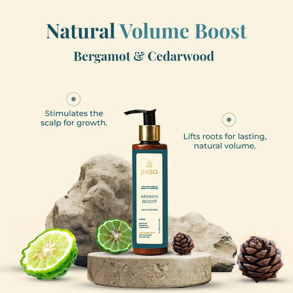JiViSa Aranya Boost Hair Cleanser displayed with bergamot and cedarwood elements highlighting scalp stimulation and natural volume benefits.