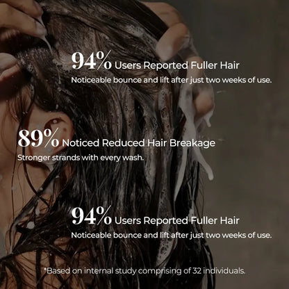 Woman washing hair with lather demonstrating fuller hair and reduced breakage results after using JiViSa Aranya Boost Hair Cleanser.