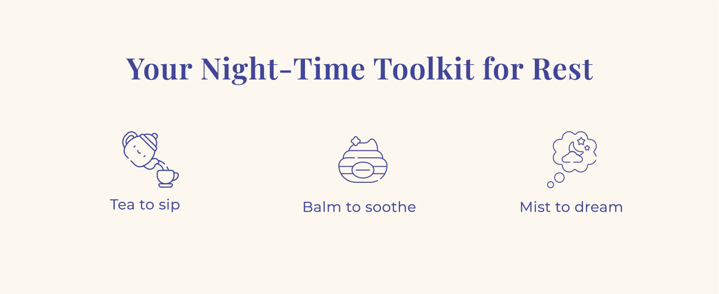 A banner-style image features three line-art icons, each representing a product in the JiViSa Raina Sleep Ritual kit. The first icon is a person's head with a teacup, labeled "Tea to sip." The second is a jar filled with balm, labeled "Balm to soothe." The third is a head with a thought bubble showing clouds and stars, labeled "Mist to dream." The headline above the icons reads, "Your Night-Time Toolkit for Rest."