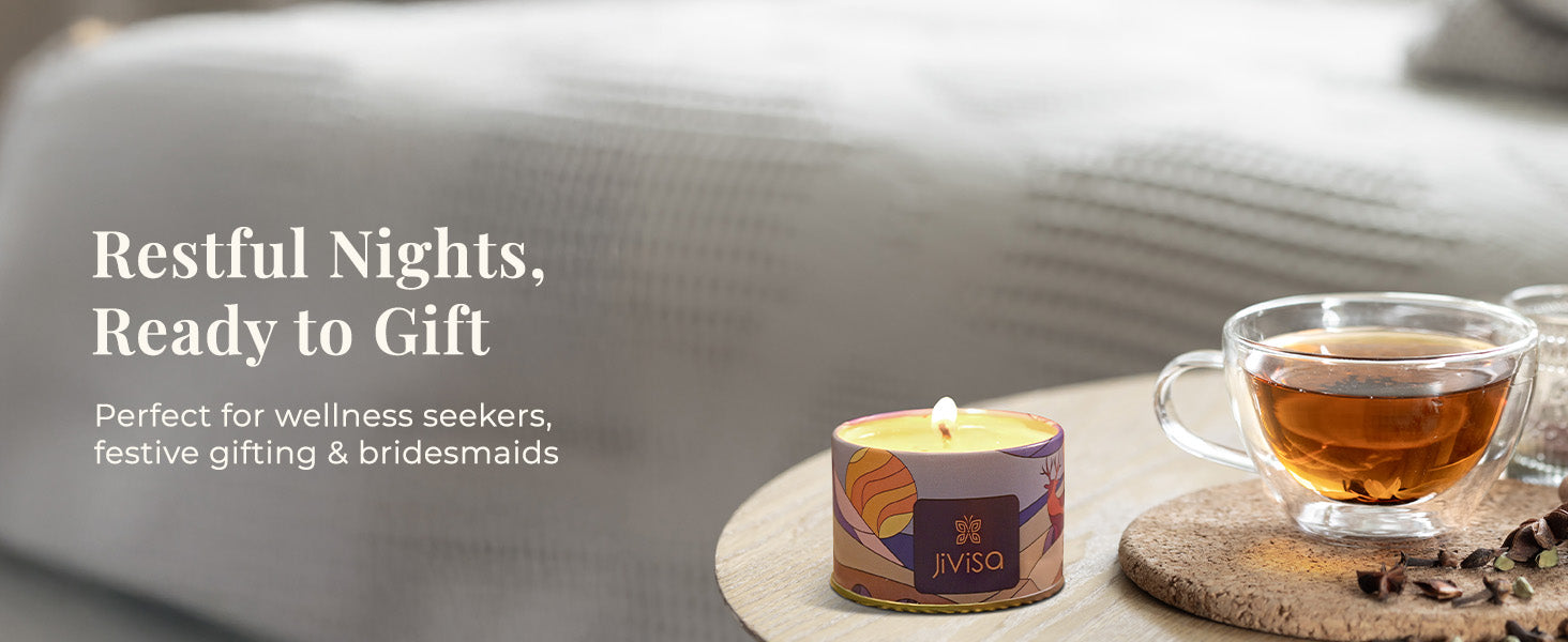 Image shows a lit JiViSa candle in a decorative circular tin and a clear glass mug of tea on a small wooden table. The text on the image says, "Restful Nights, Ready to Gift," followed by a description: "Perfect for wellness seekers, festive gifting & bridesmaids."