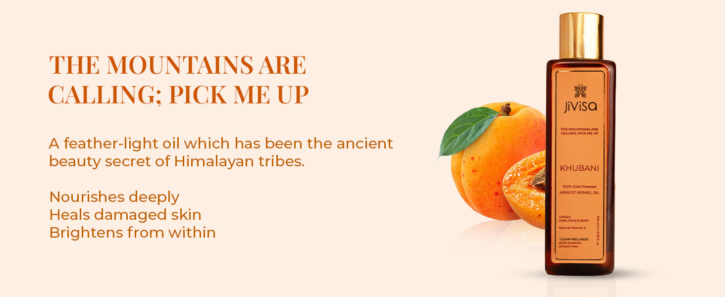 JiViSa Khubani Apricot Kernel Oil bottle beside apricot fruit with text about nourishing, healing damaged skin, and brightening.