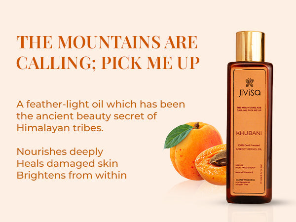 JiViSa Khubani Apricot Kernel Oil bottle beside apricot fruit with text about nourishing, healing damaged skin, and brightening.