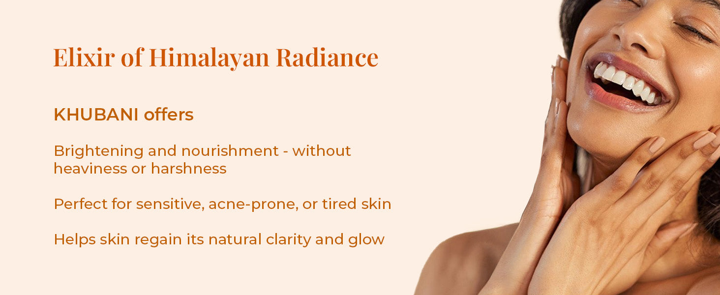 Smiling woman touching her face beside text about brightening, nourishing, and restoring skin glow with Khubani oil.