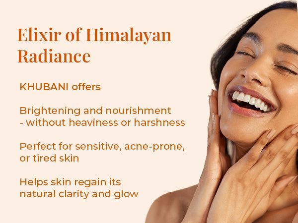 Smiling woman touching her face beside text about brightening, nourishing, and restoring skin glow with Khubani oil.
