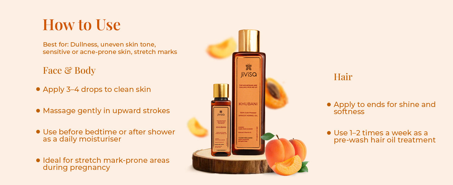 How to use graphic showing JiViSa Khubani Apricot Kernel Oil bottles with instructions for face, body, and hair application.