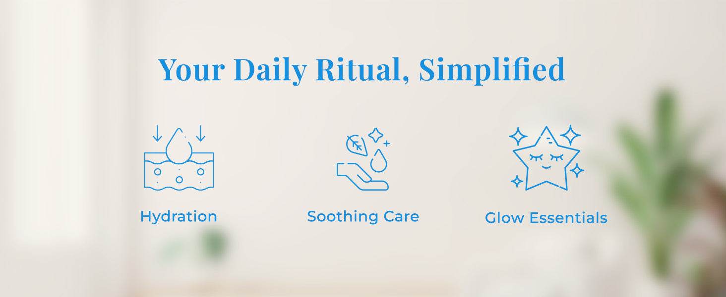 Heading on the top reads "Your Daily Ritual, Simplified." Below the heading are three icons with their labels: "Hydration" (a water droplet falling onto skin), "Soothing Care" (a hand holding a leaf with water droplets), and "Glow Essentials" (a winking star). The background is a soft, blurry image of a room with a green plant visible on the right.