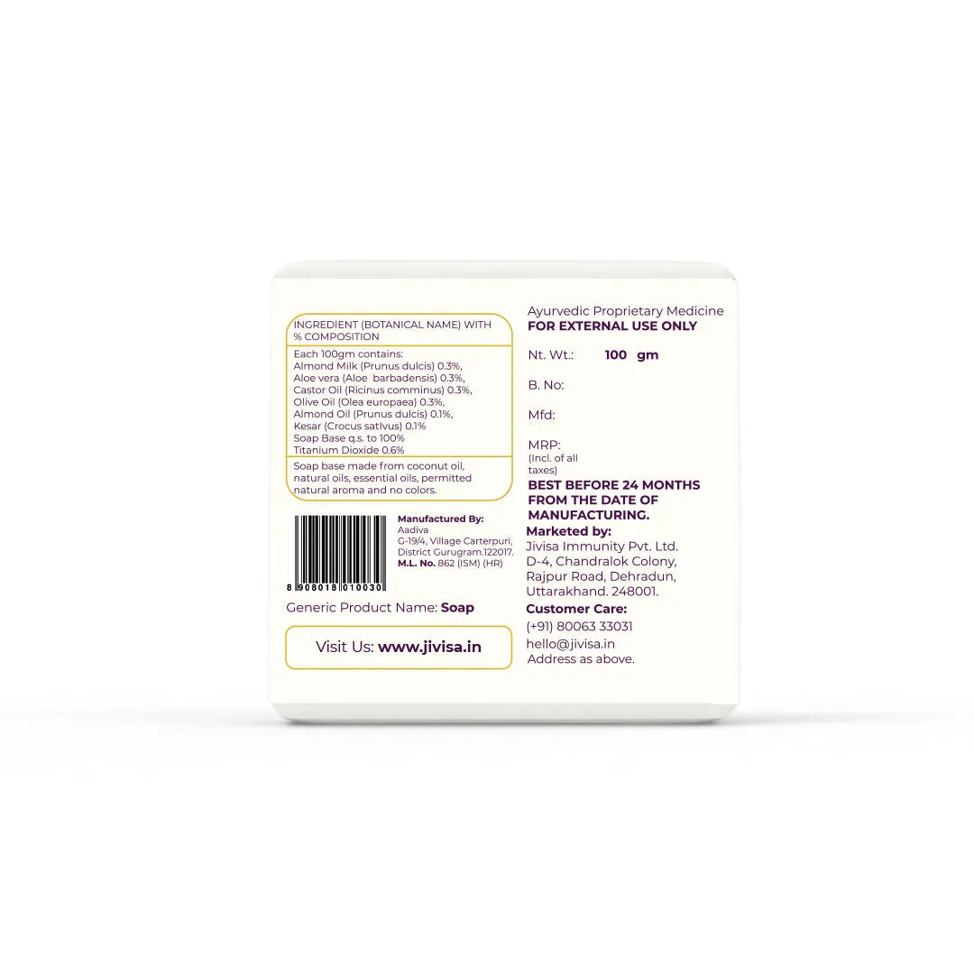 JiViSa Almond Milk and Saffron Ayurvedic soap ingredient label listing almond milk, aloe vera, castor oil, and kesar composition