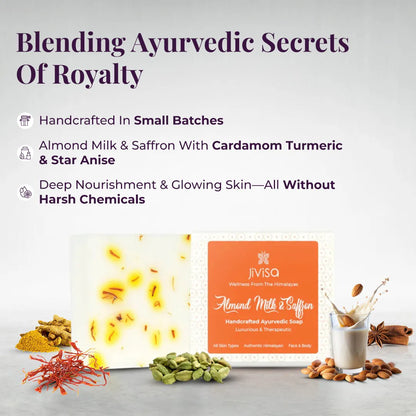 JiViSa Almond Milk and Saffron soap key ingredients - cardamom, turmeric, star anise - blended for deep nourishment without harsh chemicals