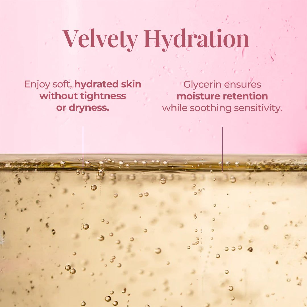 Graphic with the heading 'Velvety Hydration' showing a close-up texture of Ananta Drench. Text reads: 'Enjoy soft, hydrated skin without tightness or dryness.' and 'Glycerin ensures moisture retention while soothing sensitivity.