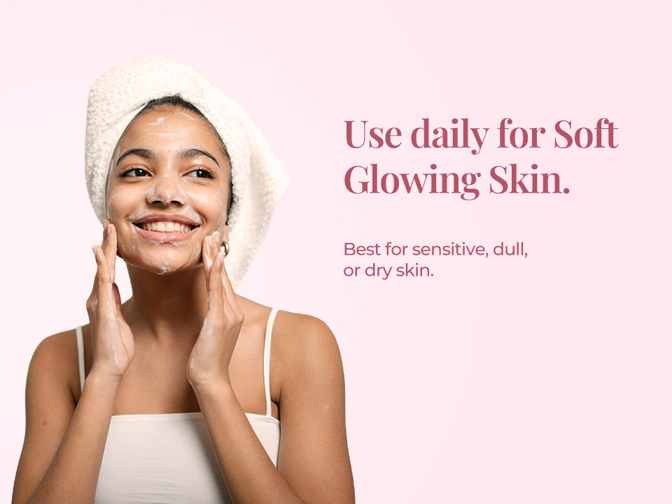 Woman cleansing her face with a gentle gel-based cleanser for clean, hydrated, soft, glowing skin.