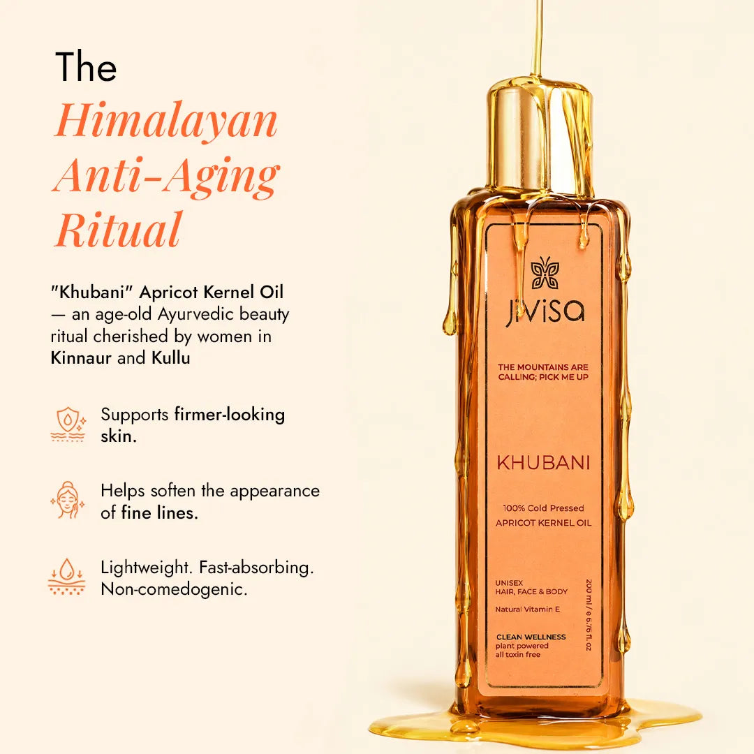 JiViSa Khubani apricot kernel oil, a Himalayan anti-aging ritual from Kinnaur and Kullu, supports firmer skin and softer fine lines