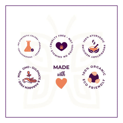 JiViSa product certification icons showing no synthetic colors, cruelty free, 100% Ayurvedic, non-GMO, and 100% organic eco-friendly