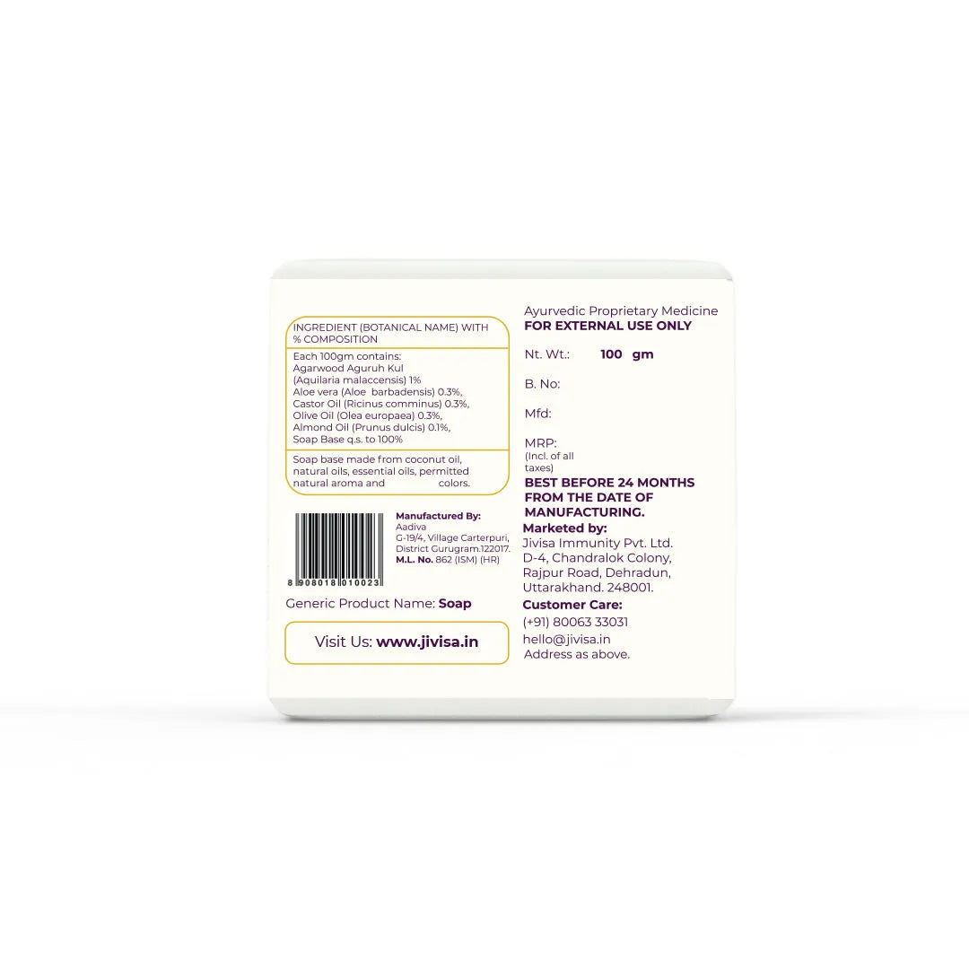 JiViSa Arabic Oudh Ayurvedic Soap ingredient label listing Agarwood, Aloe Vera, Castor Oil, Olive Oil, and Almond Oil composition