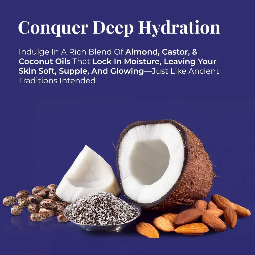 Almond, castor, and coconut ingredients used in Arabic Oudh soap for deep hydration and skin nourishment