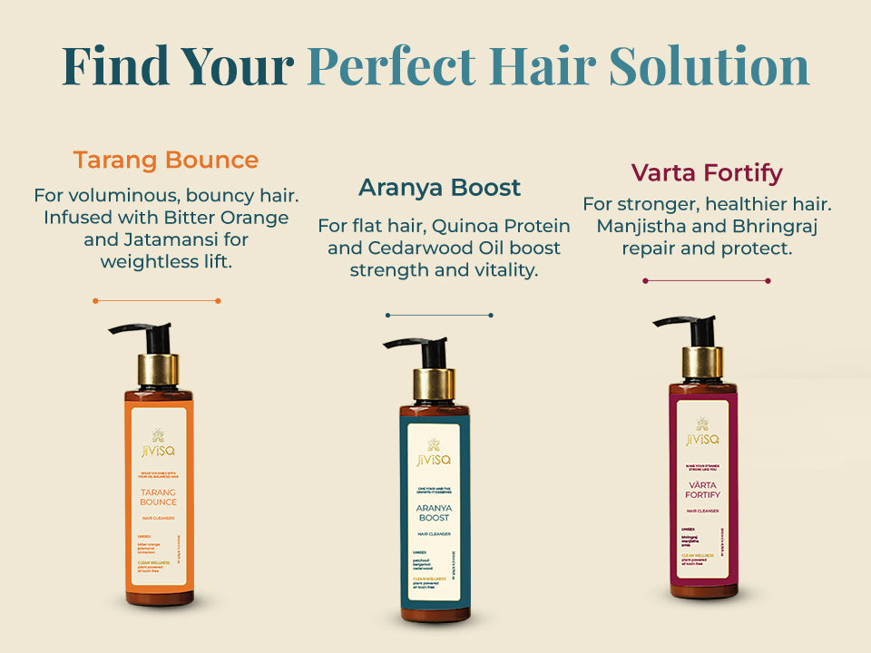 JiViSa hair cleanser range showing Tarang Bounce, Aranya Boost and Varta Fortify variants