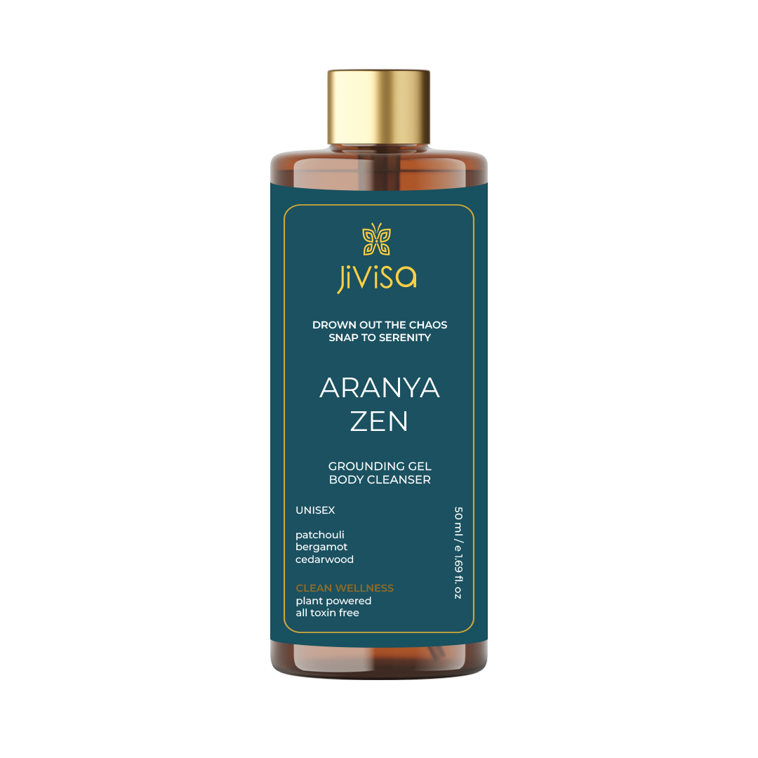 Back view of a Jivisa Aranya Zen Grounding Gel Body Cleanser bottle, showcasing product details including ingredients, manufacturing information, and a QR code for more product information. The bottle is amber-colored with a teal label and a pump dispenser.