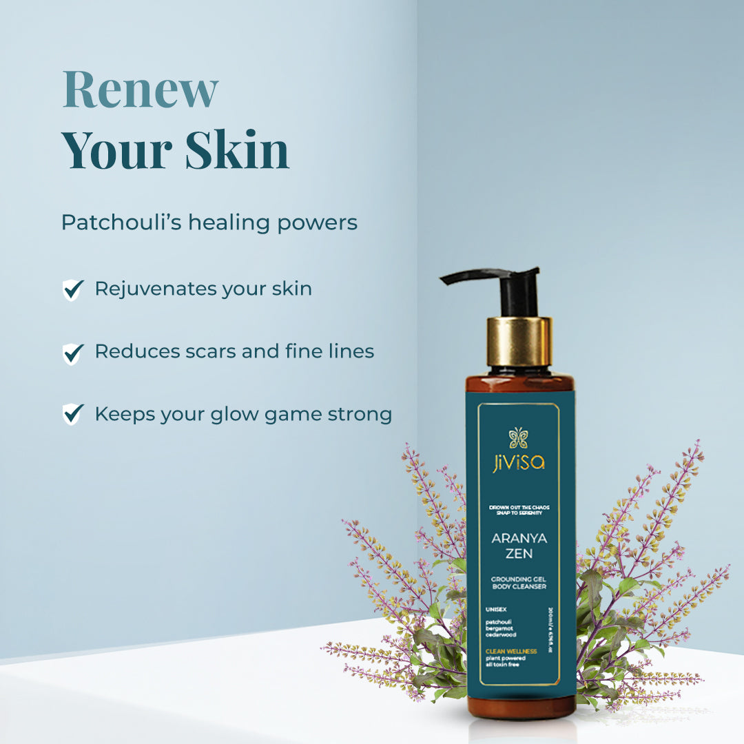 Image of JiViSa Aranya Zen body cleanser bottle with the text: 'Renew Your Skin.' Highlights Patchouli’s healing powers that rejuvenate skin, reduce scars and fine lines, and help maintain a radiant glow. Includes patchouli elements around the bottle on a light blue background.