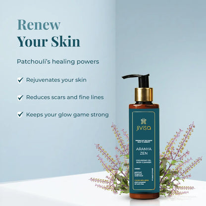 JiViSa Aranya Zen body cleanser with patchouli highlighting skin renewal features