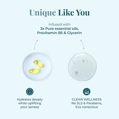 Essential oils provitamin B5 and glycerin illustrating hydration and clean formulation features