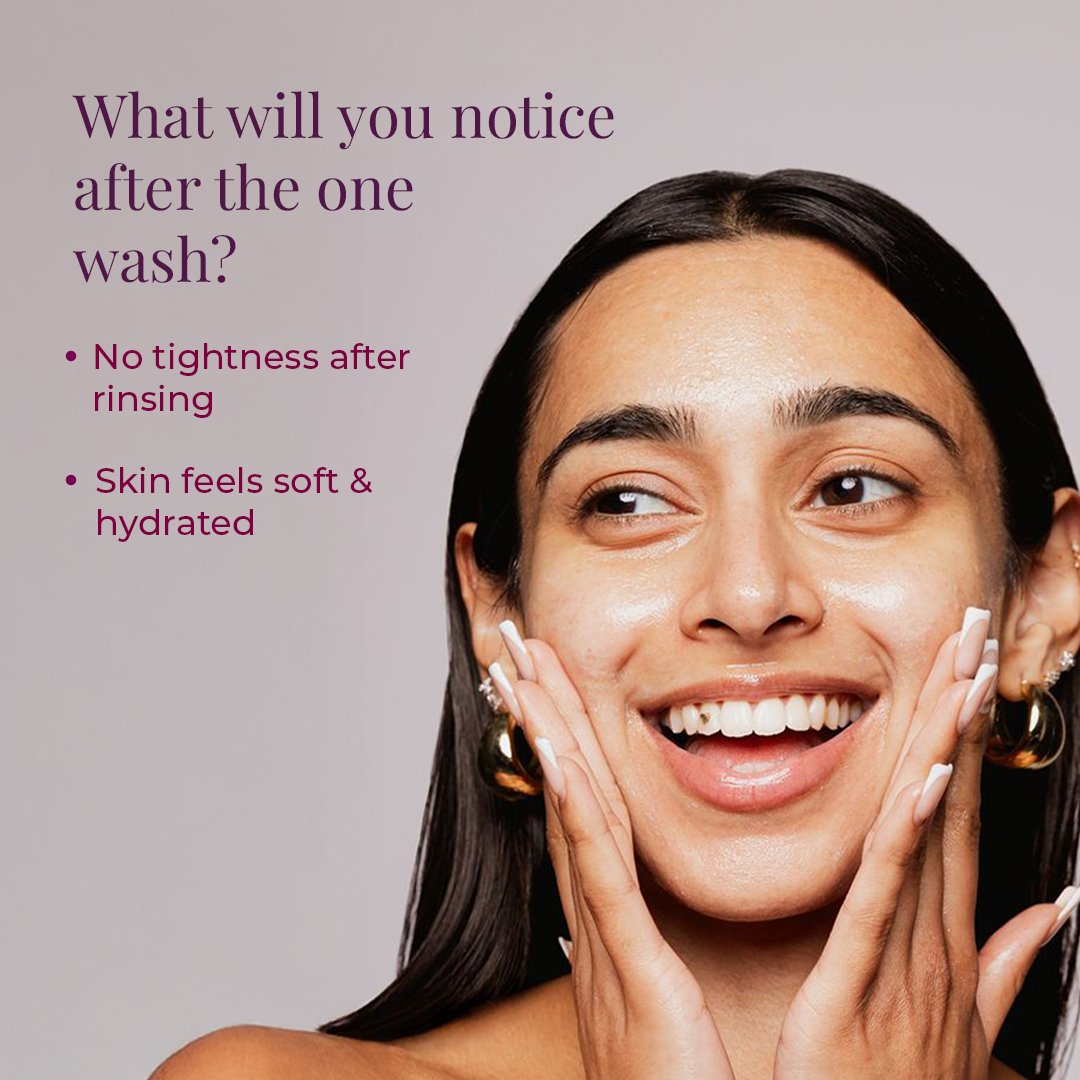 Woman touching glowing skin after using JiViSa Ananta Drench hydrating face wash showing soft hydrated skin without tightness