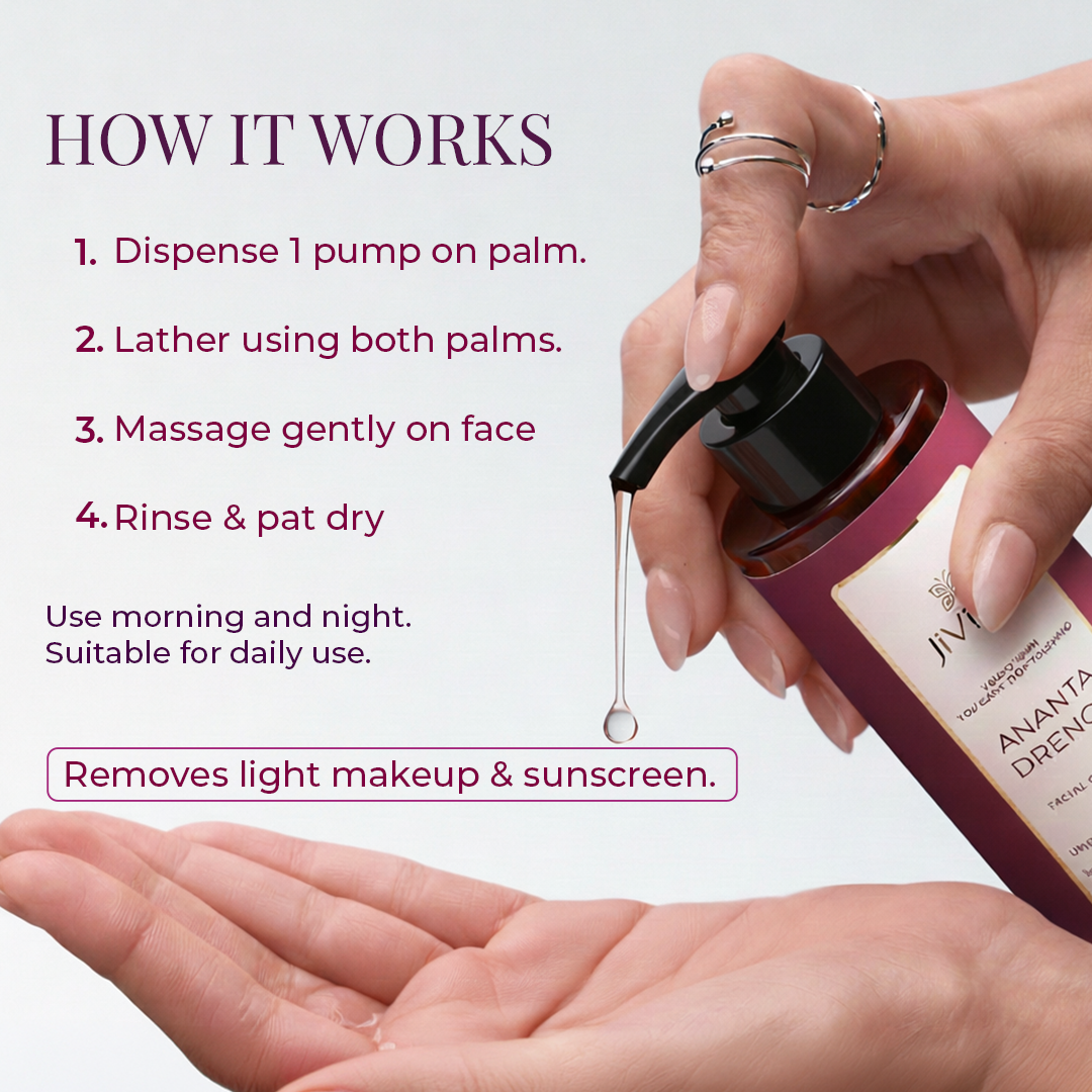 How to use JiViSa Ananta Drench kumkumadi face wash - 4-step daily routine: pump, lather, massage, rinse. Removes light makeup and sunscreen