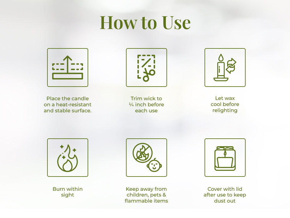 A clean white background with six green line-drawn icons explaining JiViSa Himalayan Lemongrass candle care. Each icon is paired with text: “Place the candle on a heat-resistant and stable surface”, “Trim wick to ¼ inch before each use", “Let wax cool before relighting", “Burn within sight", “Keep away from children, pets & flammable items" and “Cover with lid after use to keep dust out.”
