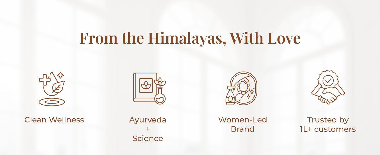 Heading on the image reads: "From the Himalayas, With Love".  Four iconic illustrations with text support each value – a leaf and cross for wellness represent Clean Wellness, a book and flask for Ayurveda & science labeled Ayurveda + Science, a woman icon for Women-Led Brand, and a handshake with a badge for Trusted by 1L+ customers.