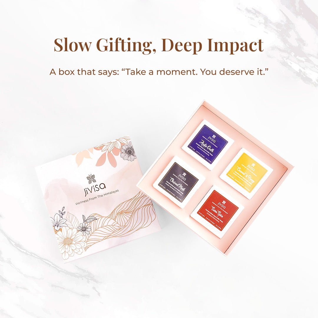 Tagline reads: &quot;Slow Gifting, Deep Impact – A box that says: &