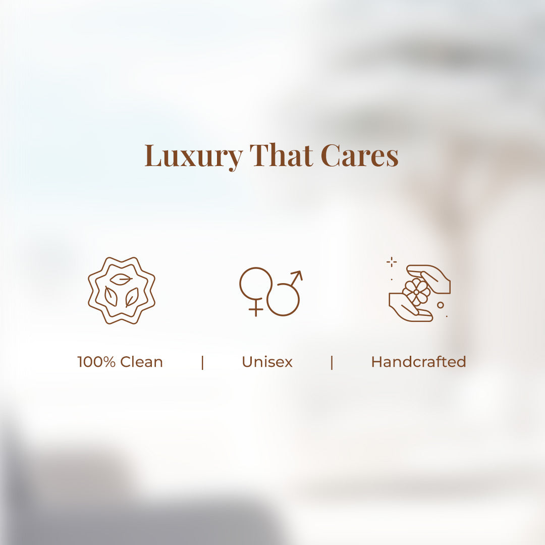 Tagline reads: &quot;Luxury That Cares&quot; followed by a minimal infographic layout with three brown icons representing JiViSa’s values: an icon of a floral seal with two leaves denotes 100% Clean, interlinked gender symbols represent Unisex appeal, and two hands holding flower signify Handcrafted quality.