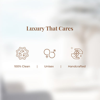 Tagline reads: &quot;Luxury That Cares&quot; followed by a minimal infographic layout with three brown icons representing JiViSa’s values: an icon of a floral seal with two leaves denotes 100% Clean, interlinked gender symbols represent Unisex appeal, and two hands holding flower signify Handcrafted quality.