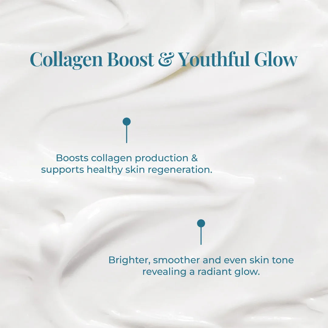 A close-up, textured background of JiViSa Aranya Glaze Buttery Body Milk. Two blue pointer icons are embedded in the Buttery milk; each linked to text. The top text states: Boosts collagen production &amp; supports healthy skin regeneration and the bottom text states: Brighter, smoother and even skin tone revealing a radiant glow. The main title at the top reads "Collagen Boost &amp; Youthful Glow".