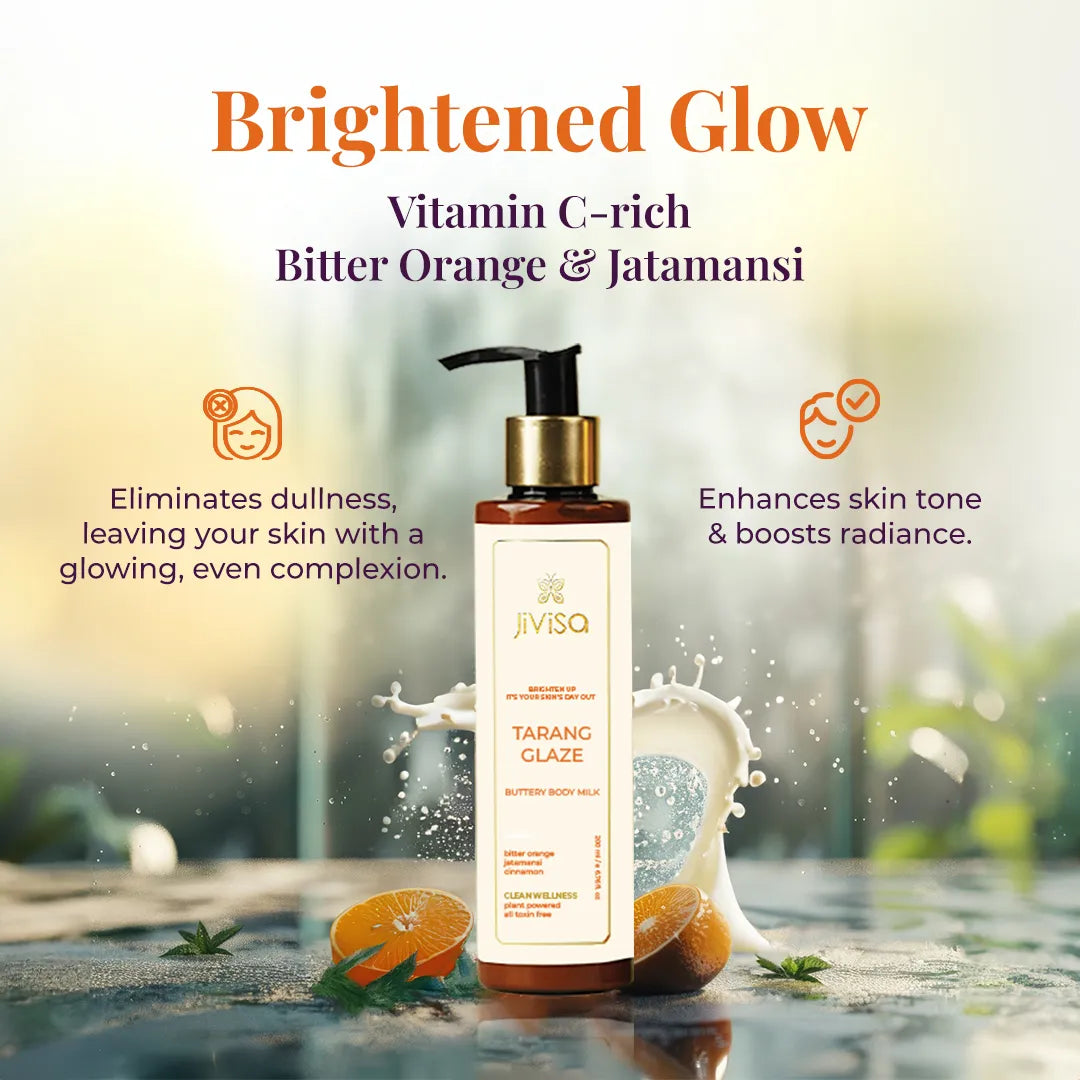 Image features a bottle of JiViSa Tarang Glaze Butter Body Milk surrounded by ingredients like bitter orange, Jatamansi, and splashes of milk. The tagline reads: "Brightened Glow "followed by a text reads ingredients including Vitamin C- rich Bitter Orange &amp; Jatamansi. Text highlighting product benefits: eliminate dullness, leaving your skin with a glowing, even complexion and enhance skin tone &amp; boosts radiance.