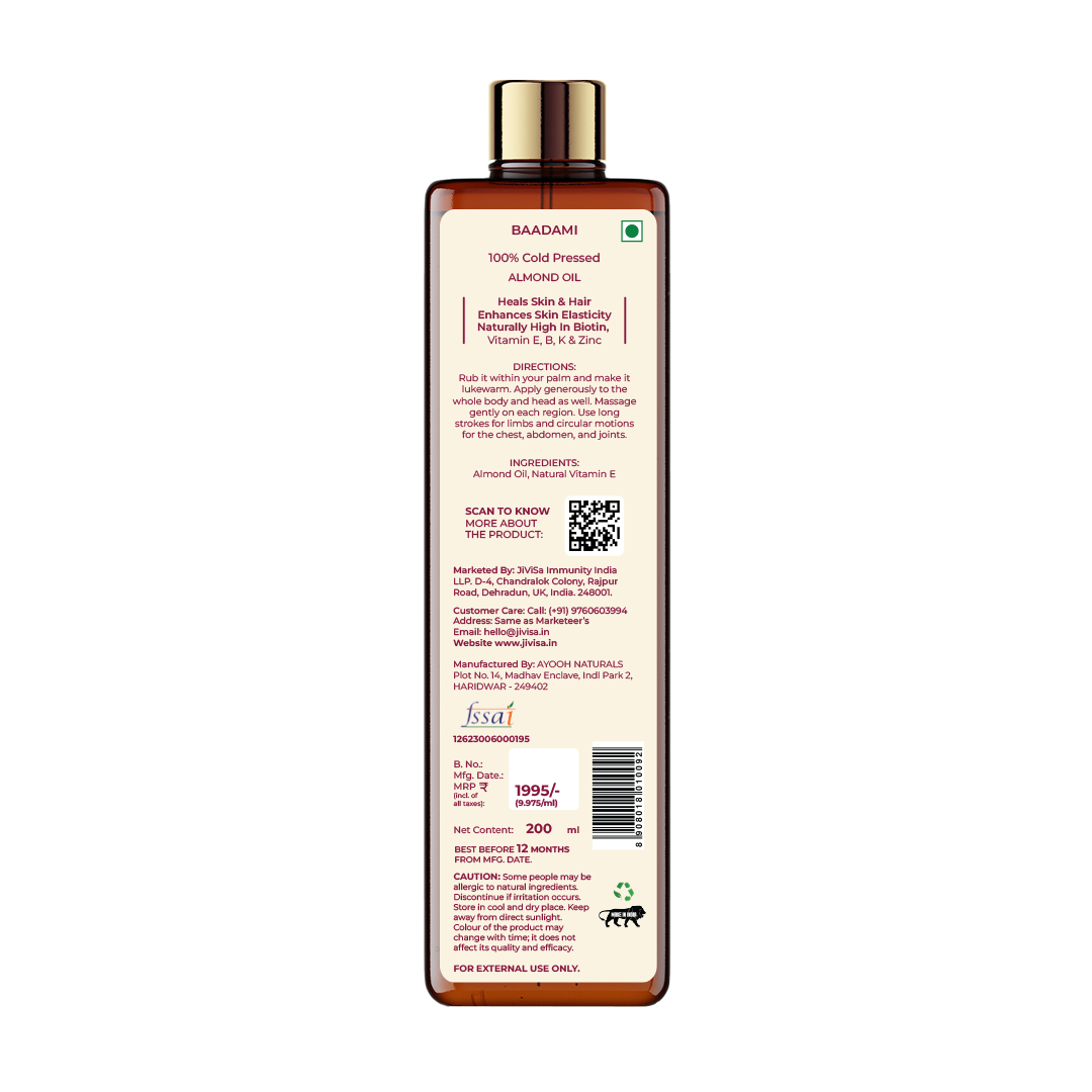 Back image of JiViSa-BAADAMI 100% Cold Pressed Almond Oil 200ml Bottle, MRP ₹1995
Heal Skin &amp; Hair | Enhanced Skin Elasticity | naturally High in Biotin | Vitamin E, B &amp; Zinc