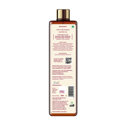 Back image of JiViSa-BAADAMI 100% Cold Pressed Almond Oil 200ml Bottle, MRP ₹1995
Heal Skin &amp; Hair | Enhanced Skin Elasticity | naturally High in Biotin | Vitamin E, B &amp; Zinc