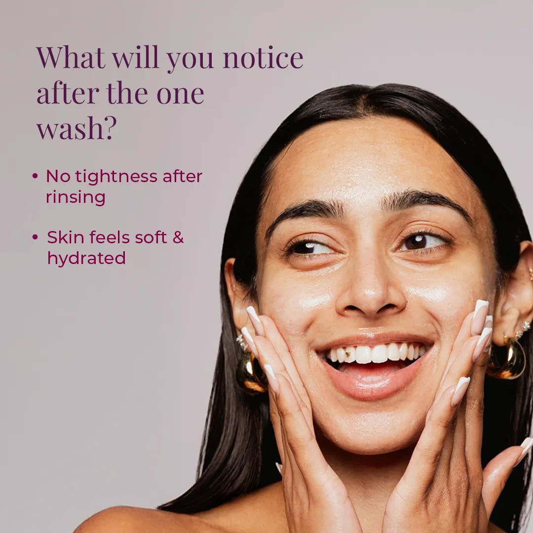 Woman washing her face with Ananta Drench hydrating cleanser, no tightness after rinsing, skin feels soft