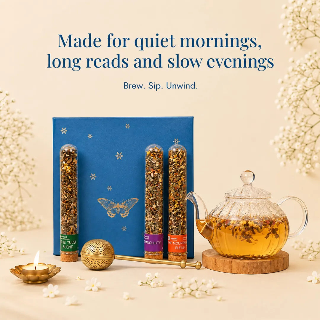 JiViSa Botanical Brew Herbal Tea Gift Box with three loose-leaf teas, brass infuser and glass teapot for relaxing tea moments